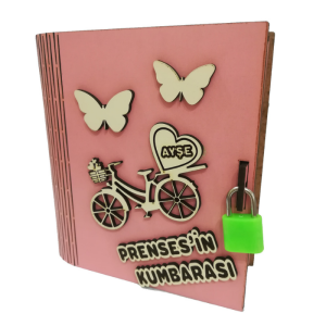 Kişiye Özel Kilitli Kitap Tasarımlı Pembe MDF Kumbara